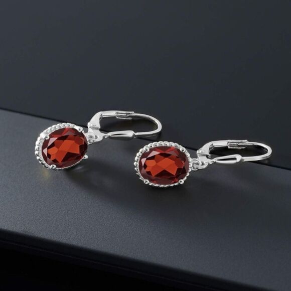 925 Sterling Silver with 4.25 Cttw Red Garnet Oval Leverback Hook Earrings - Picture 2 of 4